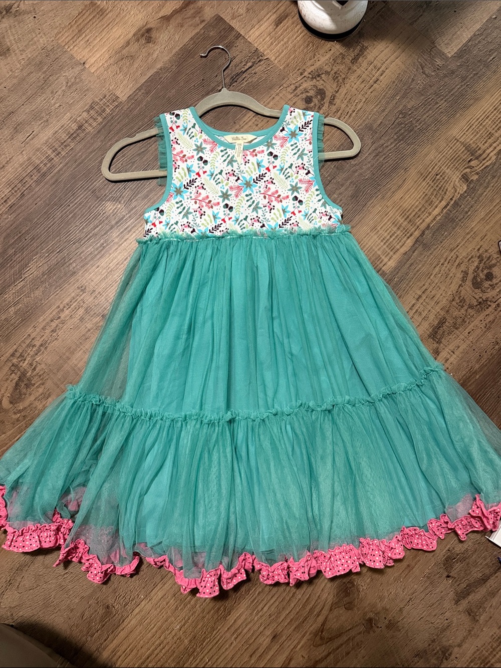 Matilda Jane Teal Mesh Floral Bodice Dress with Pink Trim